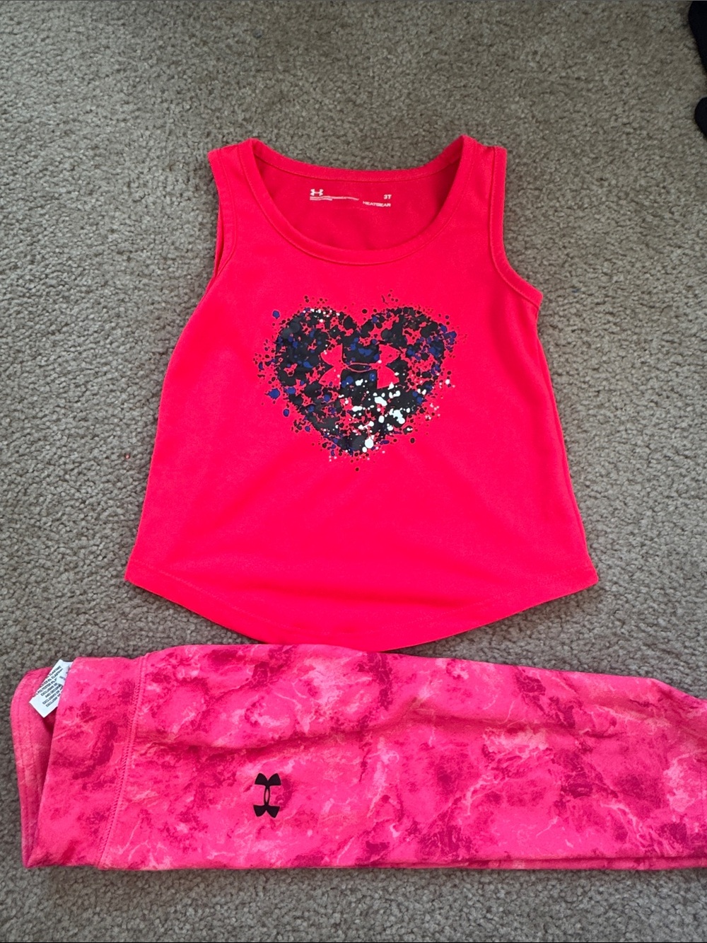 Under Armour Girls Bright Pink Heart Tank & Pink Marble Leggings Set